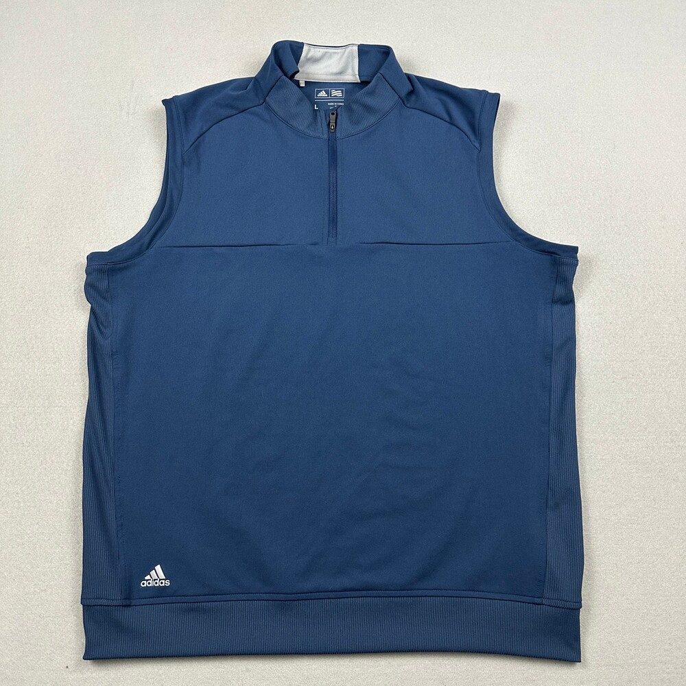 Adidas Vest Men Large Blue 1/4 Zip Ribbed Hem Sleeveless Athletic Golf Layer L